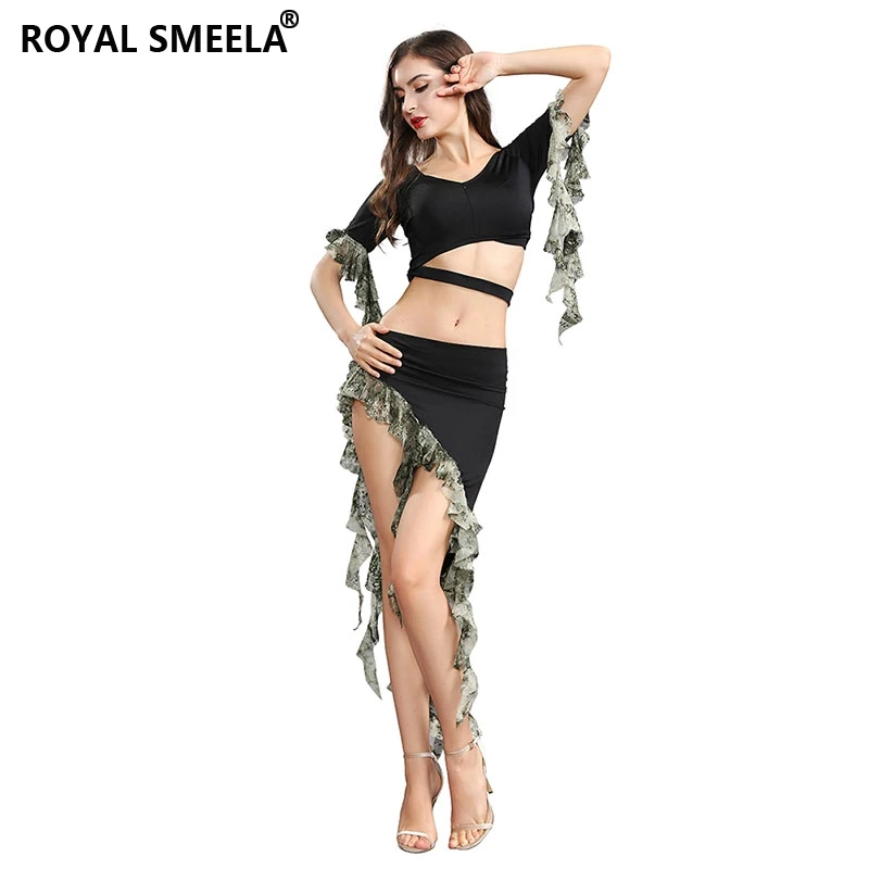 Royal Smeela Women Sexy Fringe Belly Dance Outfit ruffles Tassels Crop Top Skirt bellydance practice clothes Belly Dancing Wear