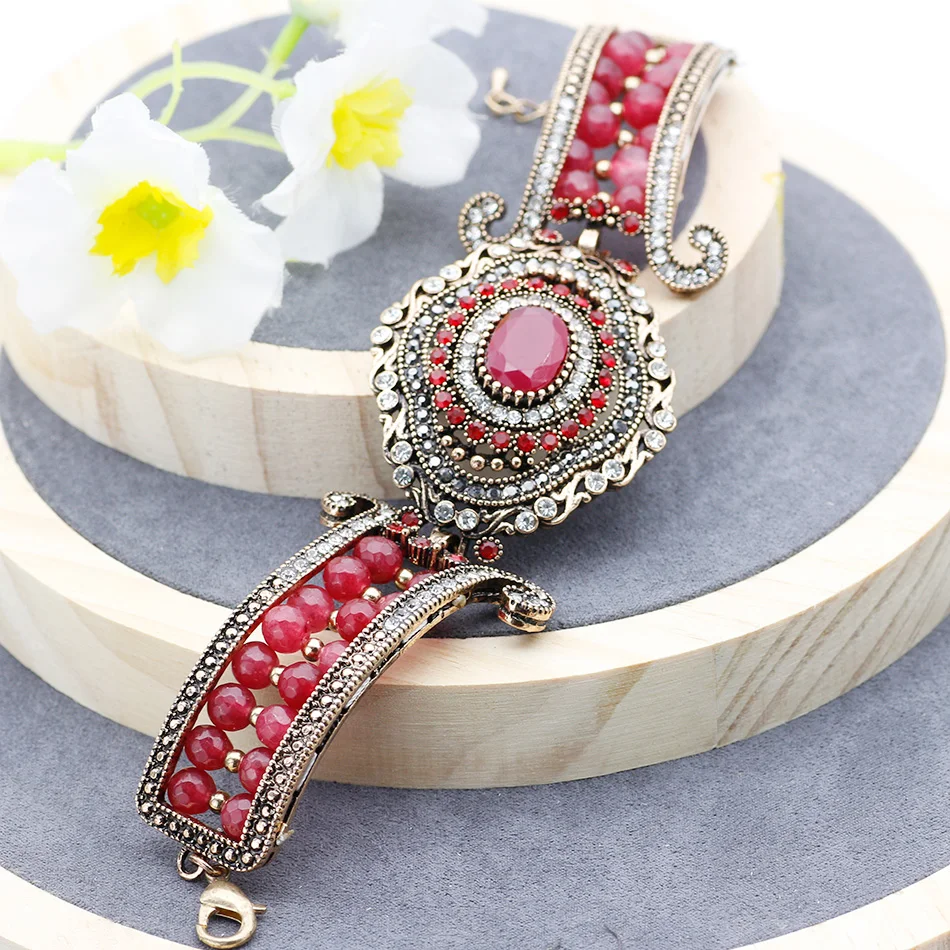 Sunspicems Retro Vintage Bead Charm Bracelet For Women Natural Stone Crystal Bohemia Wedding Bracelet Jewelry Antique Gold Color