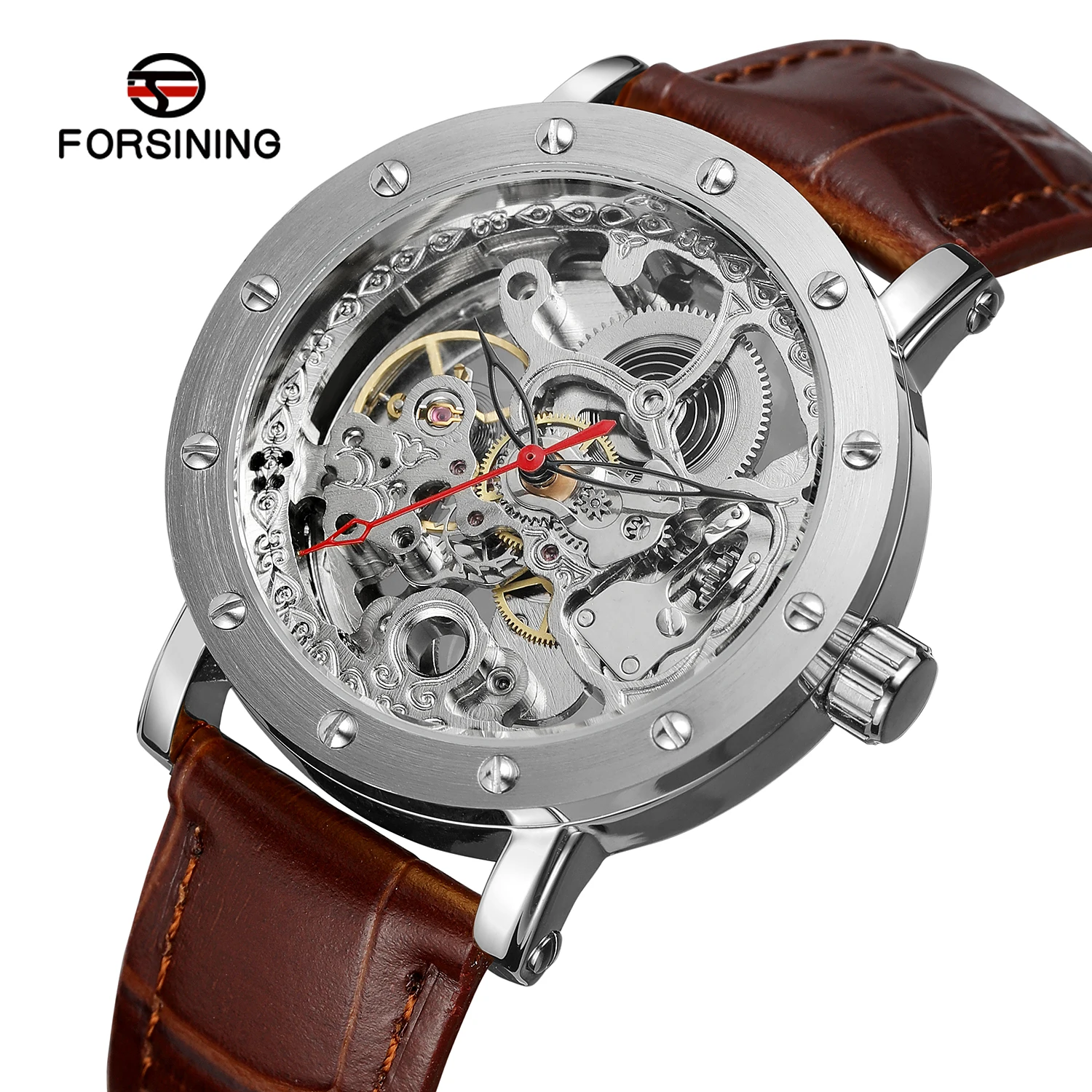 Royal Flower Carving Gear Golden Movement Transparent Genuine Leather Men Mechanical Self Wind Watches Water Resistant