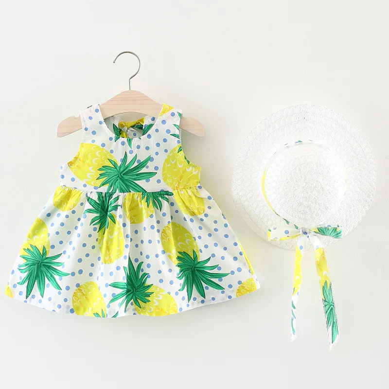 

2018 Hot Summer baby girl clothing set pineapple printed Flower Dresses + Bows Sun Hats baby girl clothes Newborn Outfits