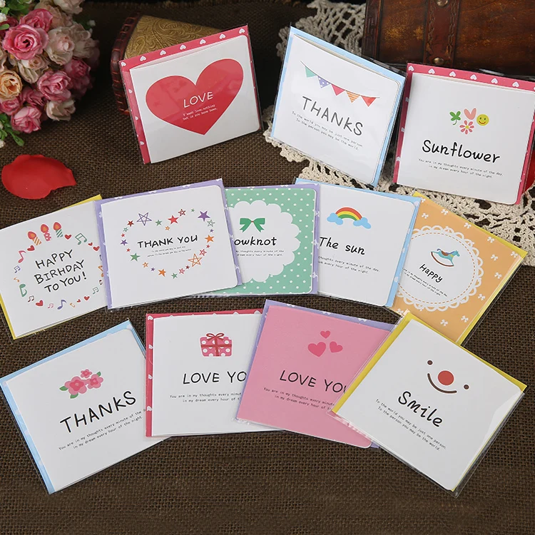 12pcs Free shipping Fresh and cute greeting cards Hand-painted style envelope birthday card On the fold message card