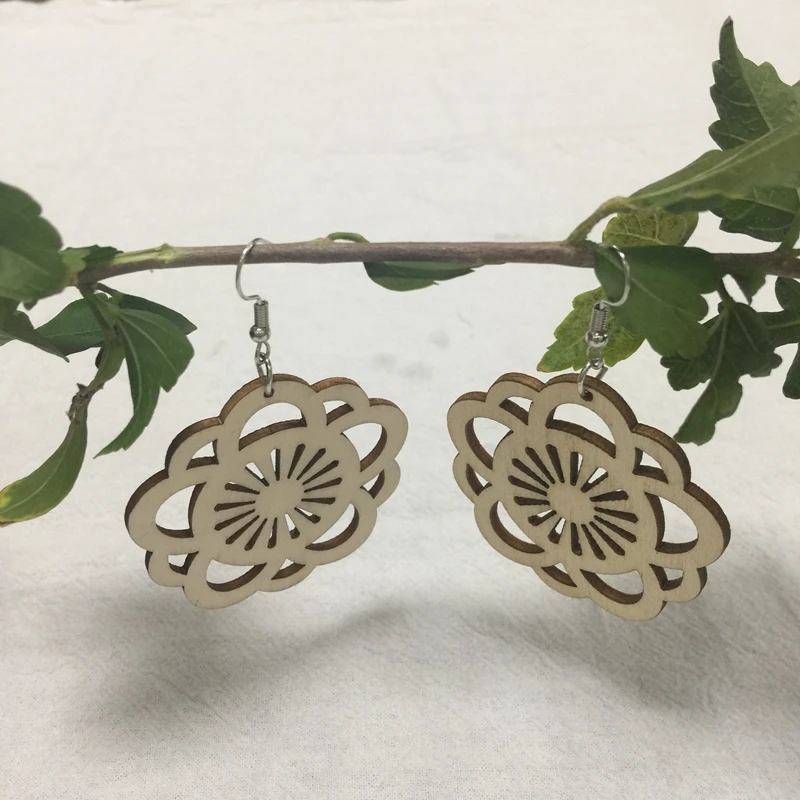 carved flower wood earrings hooks dangle earrings