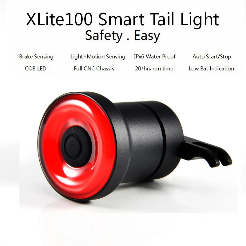 XLITE100 LED Bike Flashlight For Bicycle Auto Start/Stop Brake Sensing IPx6 Waterproof USB Smart Tail Light For Bicycle Saddle