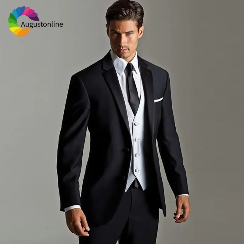 

Italy Style Custom Made Black Men Suits for Wedding White Vest Best Man Blazers Jacket Slim Fit Groom Tuxedos 3 Pieces Pants