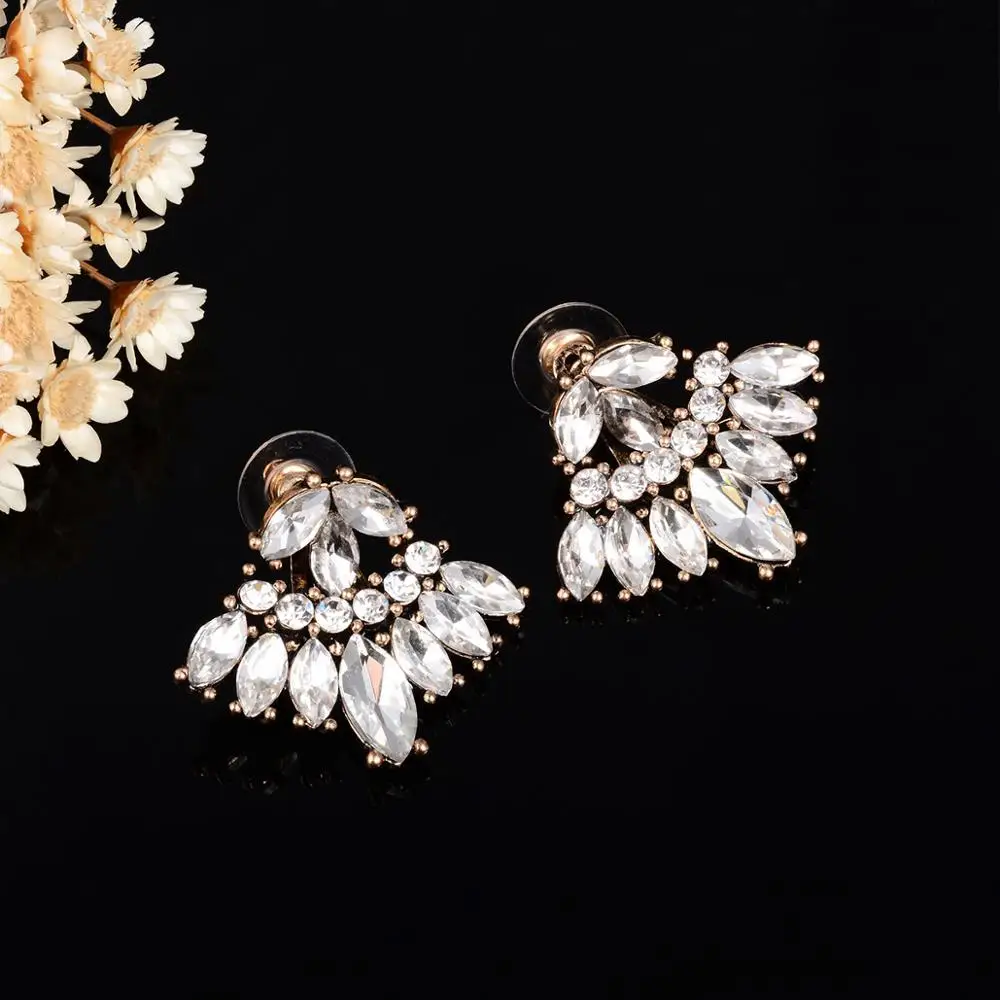 New Gothic Crystal Leaf Stud Earrings for Women White Crystal Boucle d\'oreille Femme Bijoux Front Back Ear Jewelry