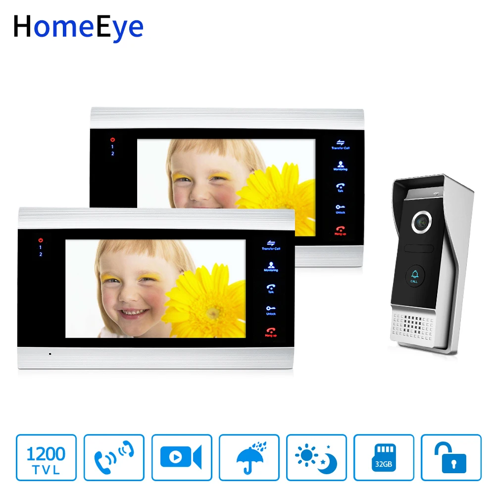 HomeEye 7'' Video Doorbell Video Intercom 1200TVL IP65 Waterproof Motion Detection OSD Menu Night Vision Security Access System