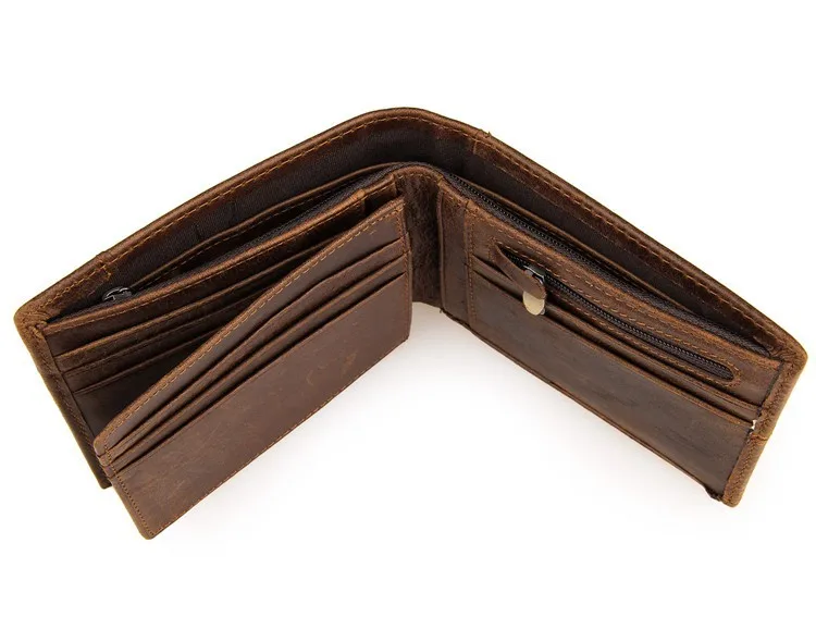 หนังผู้ชาย Crazy Horse กระเป๋ากระเป๋าสตางค์หนัง Trifold กระเป๋าสตางค์ Snap กระเป๋าเหรียญกระเป๋าสตางค์หนังแท้สีน้ำตาล