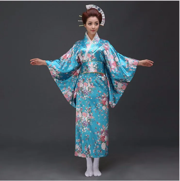 New Arrival Japanese Traditioinal Satin Kimono Classic Yukata With Obi Sexy Vintage Women\'s Prom Dress Floral One Size