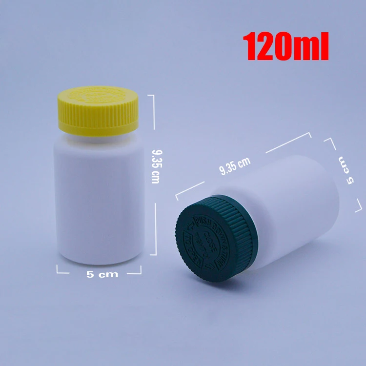 

100pcs 120ml White Child-proof HDPE Bottles,Capsules/Pills/Powder/Vitamin Plastic Bottles with Green/Yellow Push to Unscrew Caps