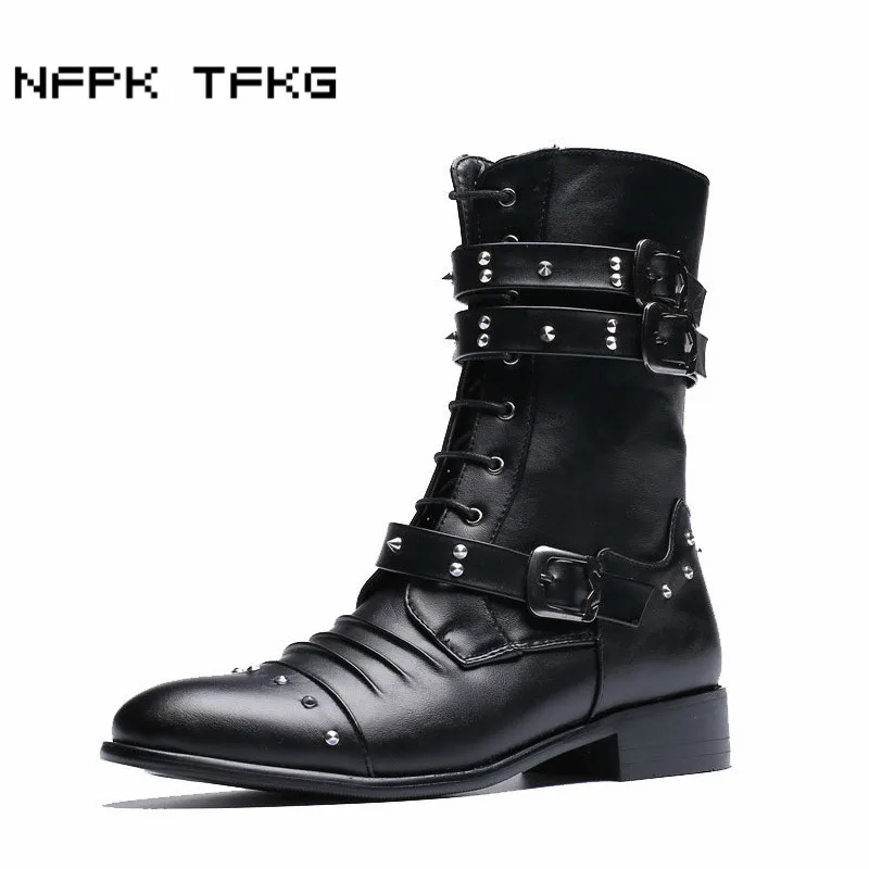 men\'s fashion party nightclub dress motorcycle boots black soft leather shoes autumn winter cowboy high boot long botas hombre