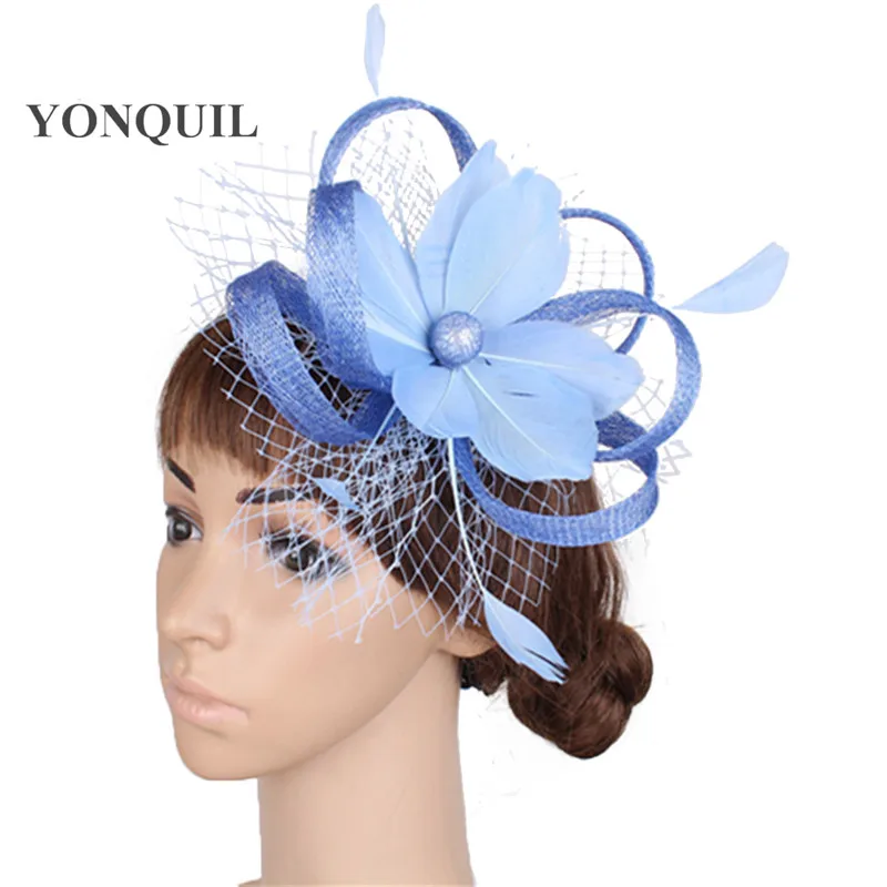 Ladies Wedding Church Party Hairpin Feather Flowers Fascinators With Veils Adorn Headwear Occasion Hair Accessories MYQ090