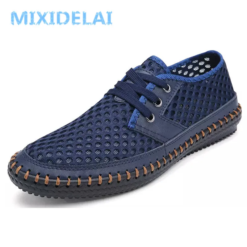 MIXIDELAI-zapatos informales de malla transpirable para hombre, mocasines cómodos hechos a mano con cordones, 38-48 talla grande, novedad de verano