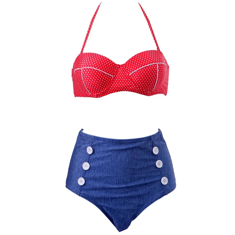 Lovey Village Denim Sexy Bikinis Women Swimsuit Push Up Bikini Set High Waist Retro Vintage Bathing Suits Halter Top Bikini