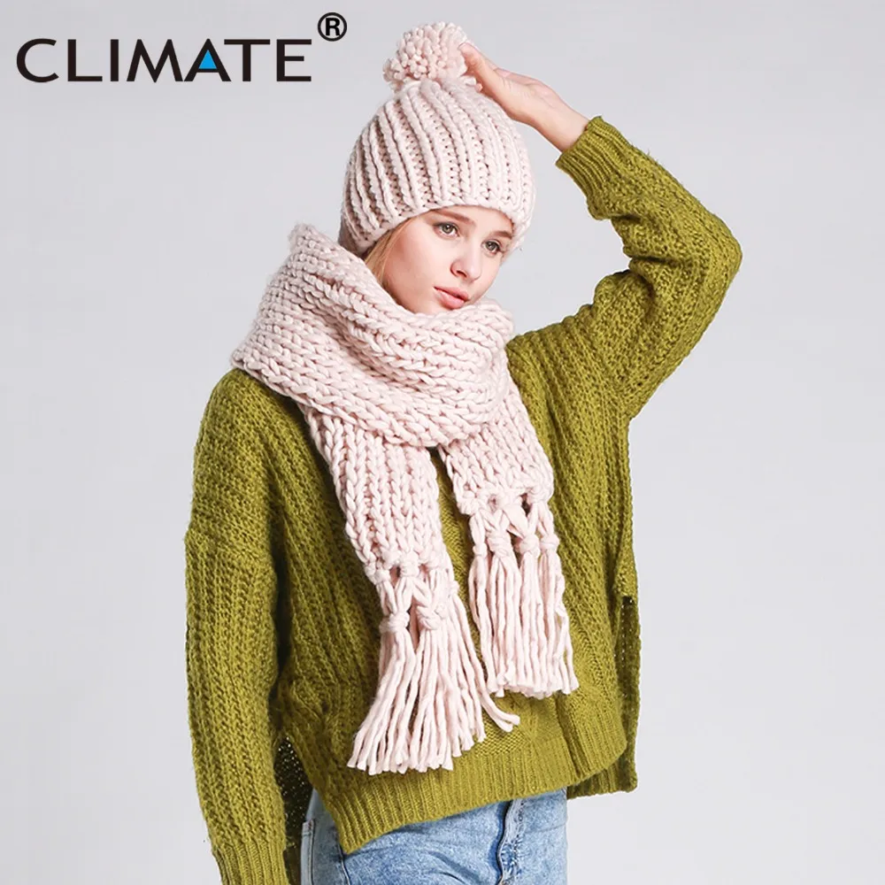 CLIMATE Women Winter Scarf And Hat Set Winter Girls Lady Warm Knit Pompom Beanie Bonnet Hat Scarf Set Hat And Scarf Winter Set