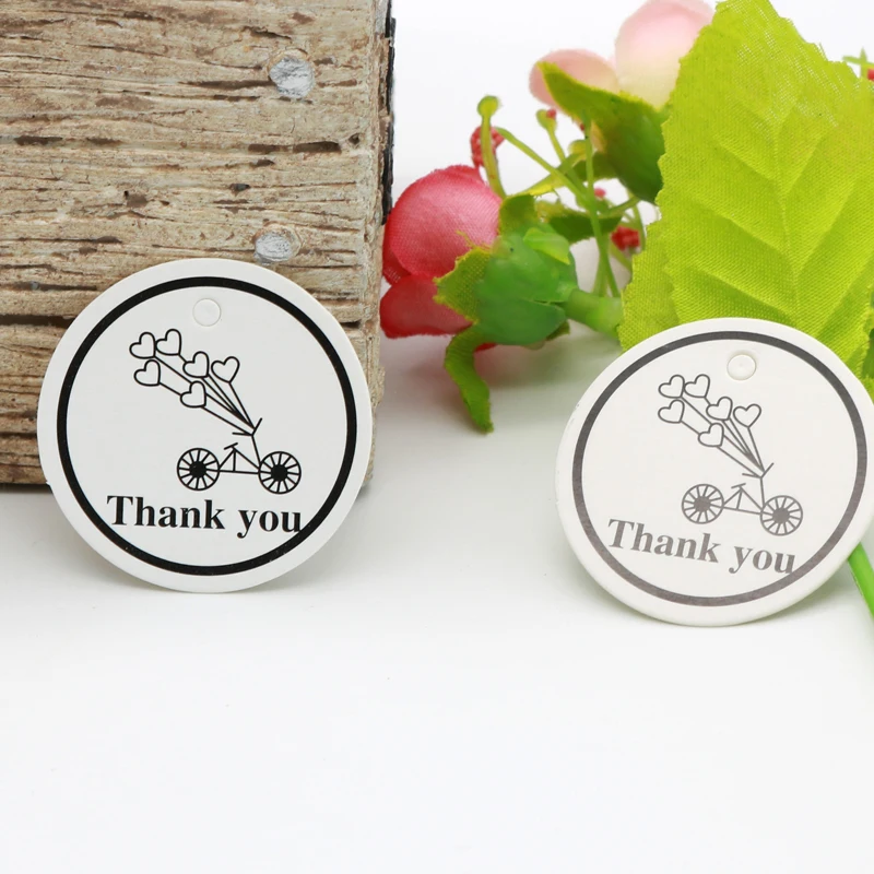 

White Gifts Cakes Clothes Packaging Lables Party Decoration Card 100pcs/lot 3.5cm Print Bike Ballon & Thank you Round Paper Tags