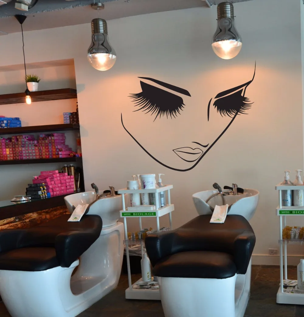 

Beauty Eyelash Spa Salon Woman Face Wall Sticker Hair Nail Manicure Fashion Salon Spa Window Wall Decal Vinyl Decor