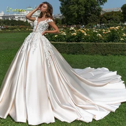 Loverxu Cap Sleeve Scoop Princess Ball Gown Wedding Dresses 2024 Appliques Beaded 3D Flowers  Robe De Mariee Satin Bridal Gowns