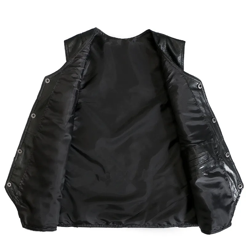 Men\'s Real Sheepskin Motorcycle Jacket, Leather Waistcoats, Large Size, Soft Black Vest, High-end Brand, Free Shipping, 2024