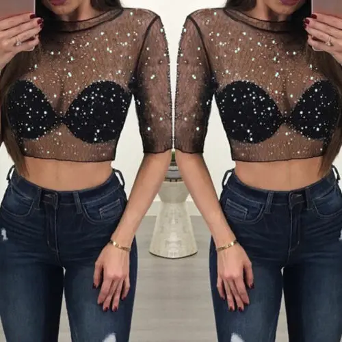 S-XL Transparent Sequins Crop Top Women Short Sleeve Flower Mesh Sheer Camisole Crop Top Female Shirt Tee Top Women