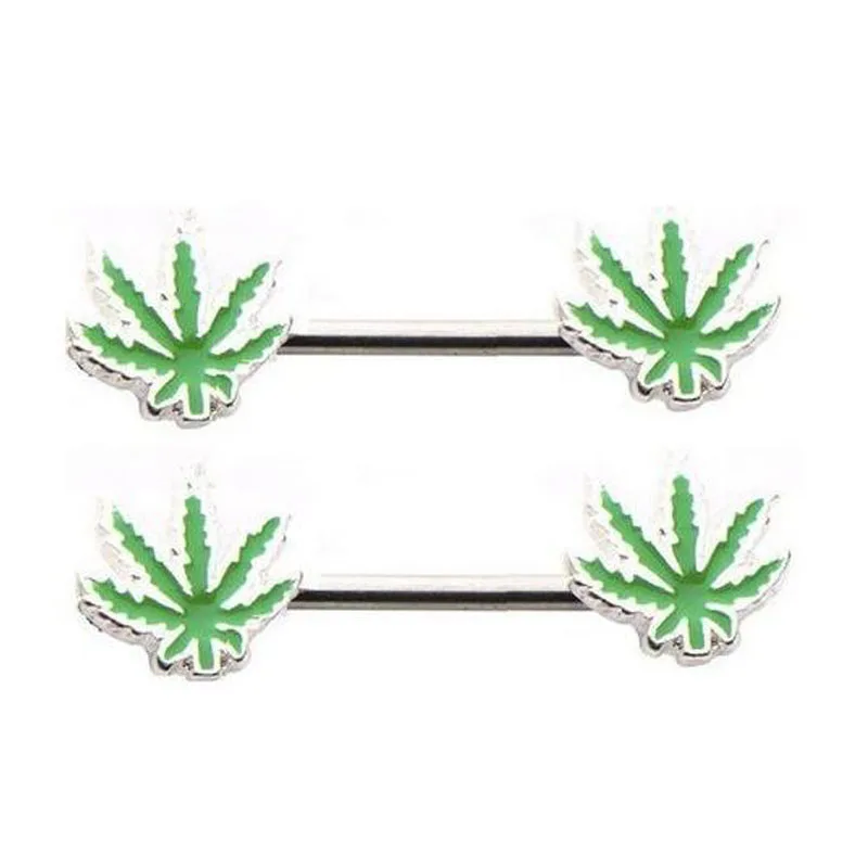 

2Pcs14G/16G Fresh Green Maple Leaf Nipple Piercing, Sexy Bar Nipple Rings Jewelry Creative Punk Body Piercings Jewelry Women