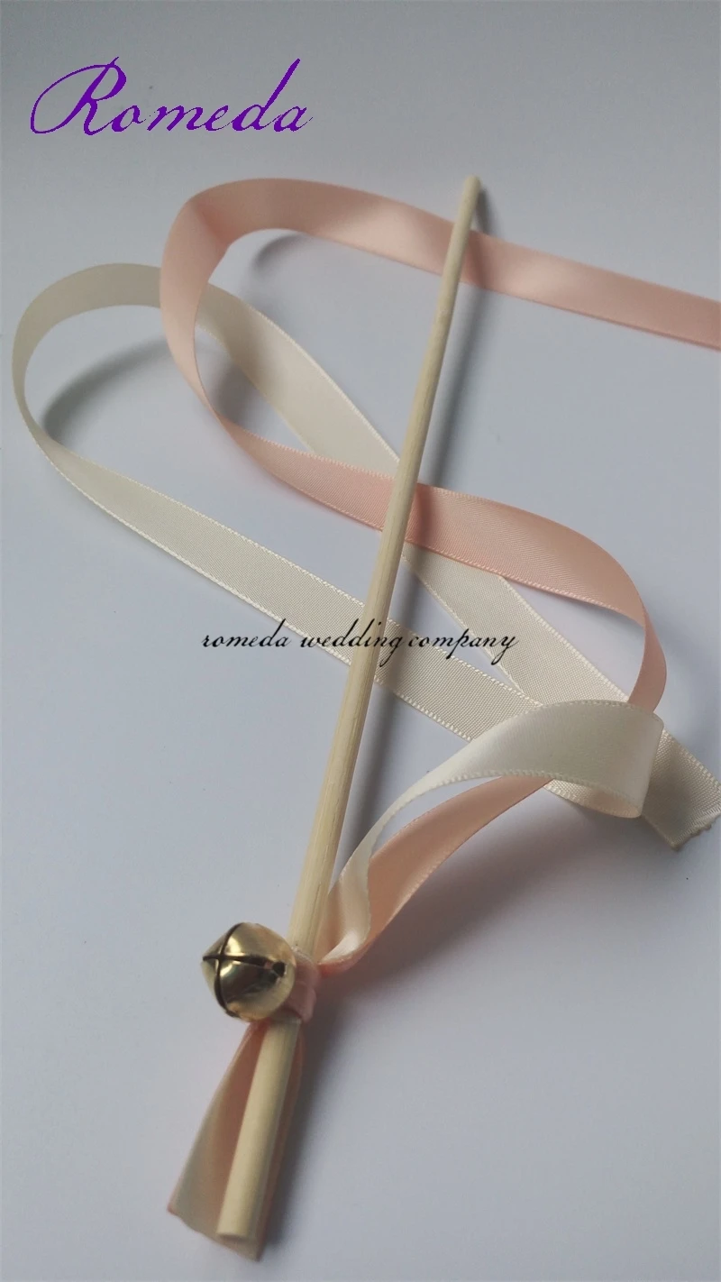 (50Pieces/Lot) Cream Ribbon Stick Wands Wedding Favor Ribbon Sticks With Gold Bell