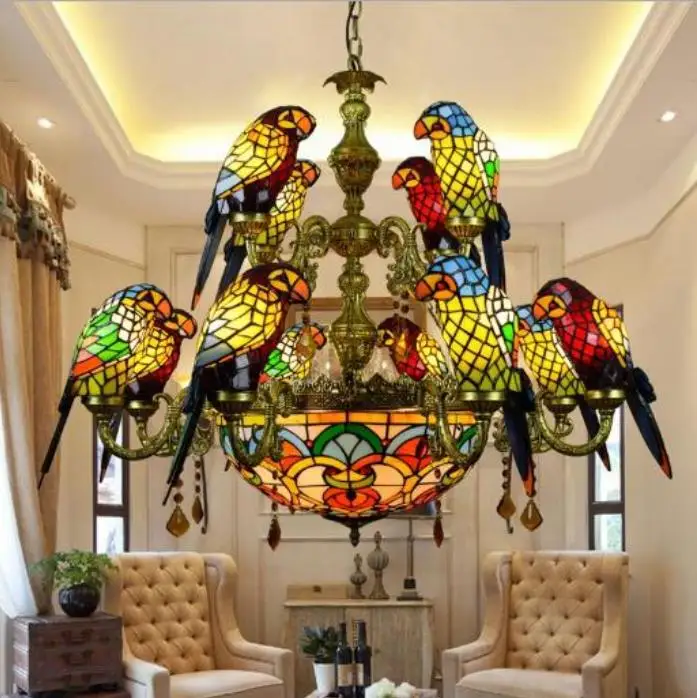 Stained Glass Pendant Lamp Luxury Crystal Art Glass Birds Pendant Lights Living Room Lamps Parrot Retro Pendant Light