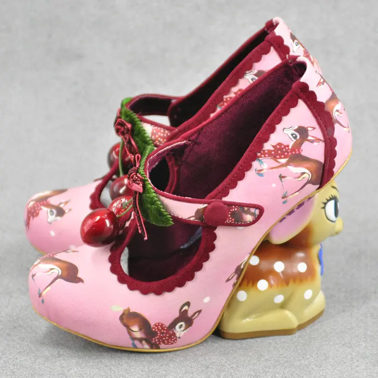 

Girl's Cute Fawn Strange Heels Lolita Pumps Ladies Red Cherry Decor Animal Abnormal Heels Ankle Strap Round Toe Personal Shoes