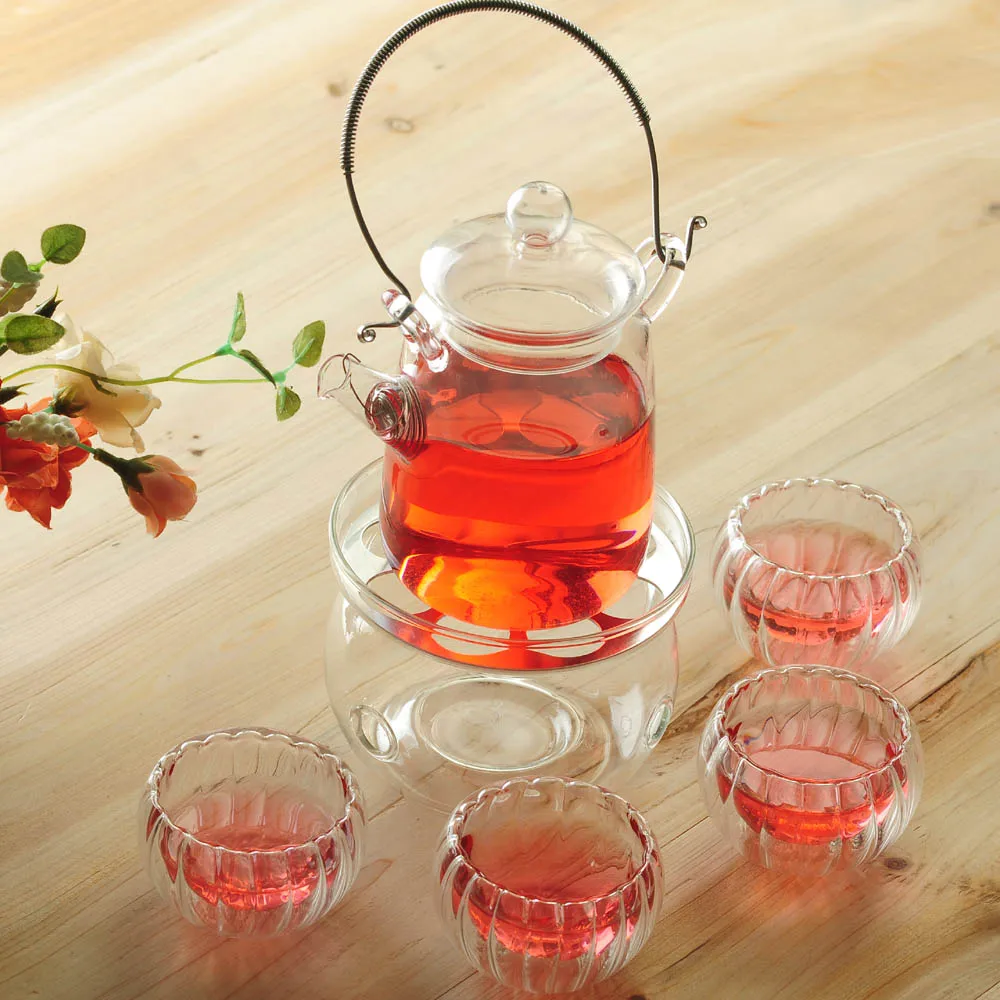 

Elegant 400ml Glass teapot with infuser/filter+ 4/6 Cups + Warmer+candle,tea set for Loose leaf/herbal/flower/black/puer tea