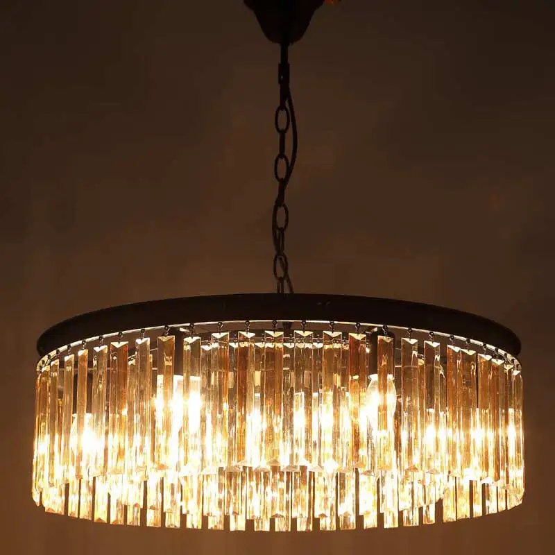 

E27 American Country Retro Vintage Amber Crystal Lamp Pendant Lights Living Room Kitchen Black Iron Home Lighting 110-240V