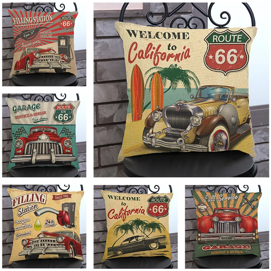 POP Europe Vintage Car Poster Design Cushion Cover, Retro Comic Style, Cotton Linen Sofa Decoration, Throw Pillow Case