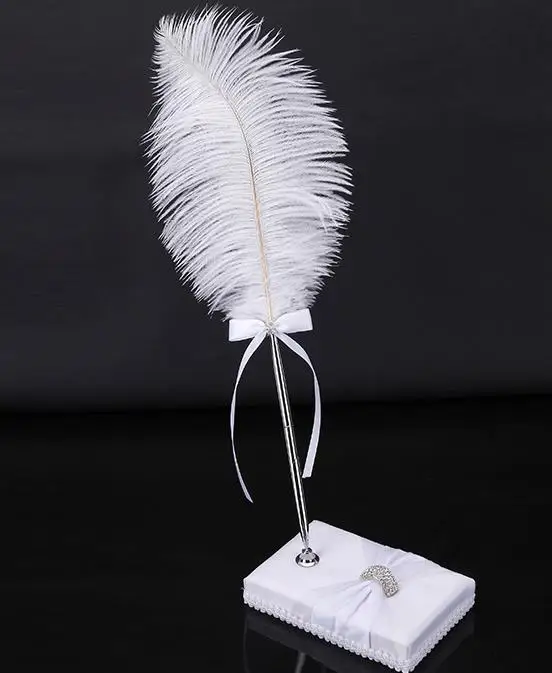 Antique ivory ostrich Feather Wedding Pen cocktail party banquet crystal rhinestone bowknot sign pens festive event decorations