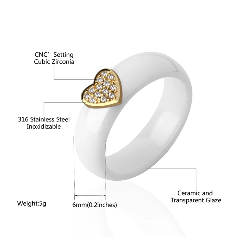 Love Heart  Yellow Silver Color Crystal Finger Rings For Women CZ Original Lovely Heart Ceramic Rings Wedding Party Jewlery