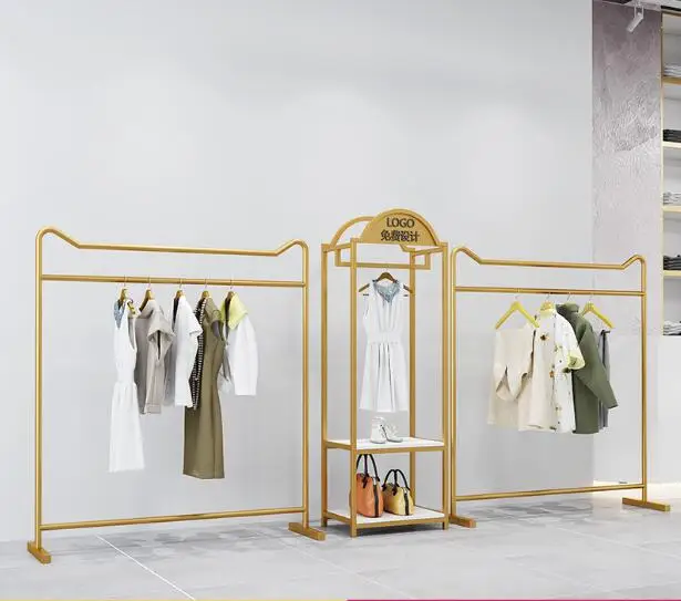 Showcase rack of high-end clothing store Simple gold dress shop iron rack floor hanging clothes rack