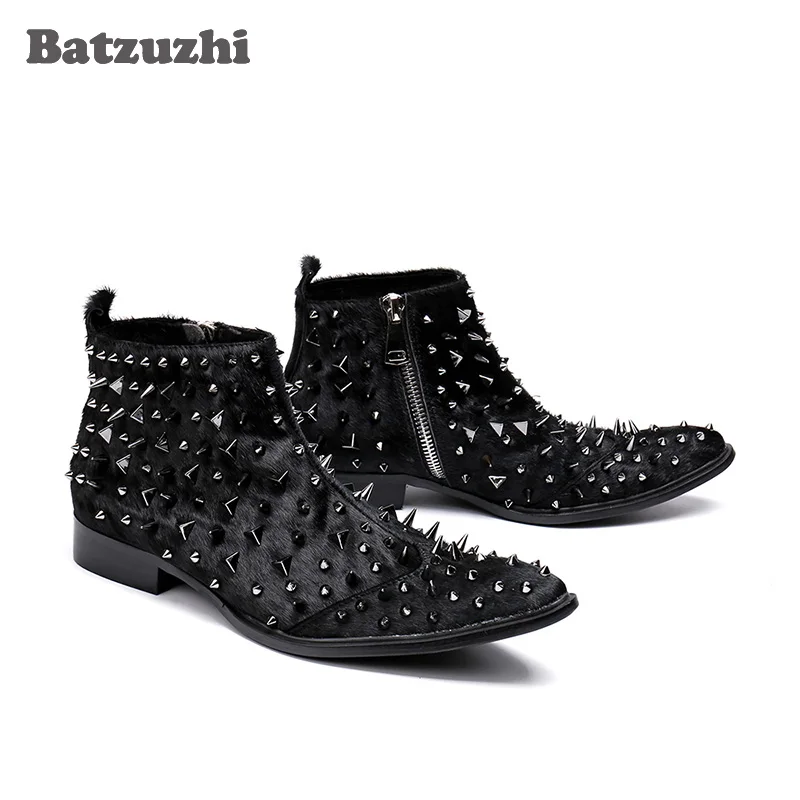 Rock Men Boots Western Knight Boots Black Horse Hair Ankle Boots Men with Silver Rivets Safety Boots Spikes Men Botas