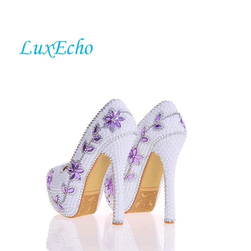 LuxEcho Women white pearl Lavender stone wedding shoes Bride fashion shoes woman High heels Platform shoes real leather insole