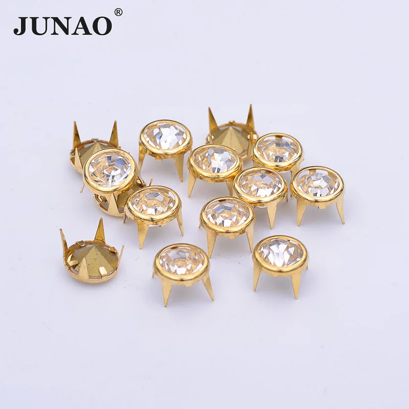 JUNAO 50pcs 10mm Gold Metal Studs Rivet Rhinestones  Rivet Glass Crystal Studs Spikes Decor Rivets for Leather Clothes Crafts