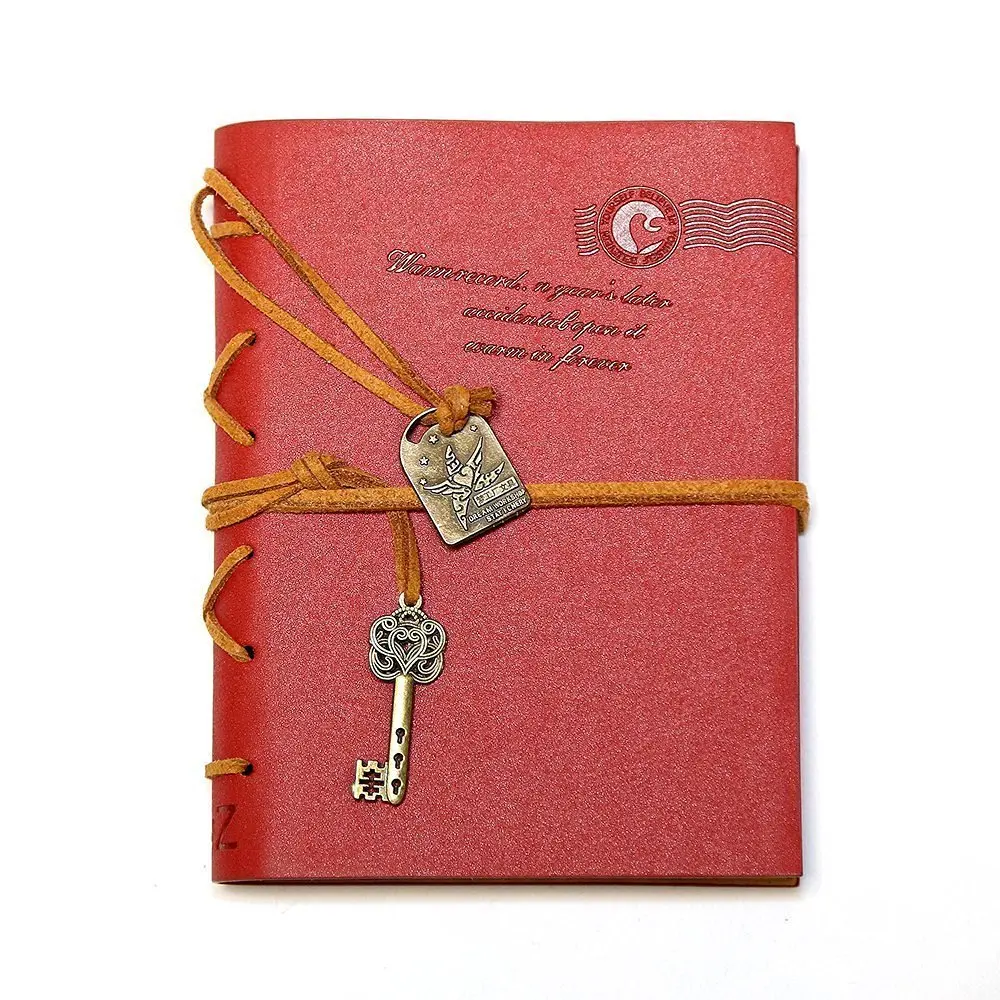 5.37.4inch Classic Retro Style PU Cover String Key Bound Blank Notebook Notepad Travel Journal (Large Red)