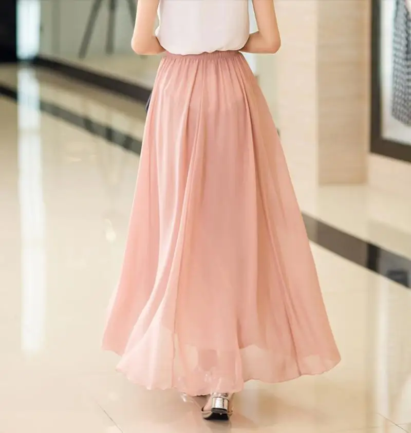 Women\'s Elegant High Waist Chiffon Skirt Elastic Waist Casual Long Maxi Skirts Saias 80/90/100cm 22 Color 2024 Summer Autumn New