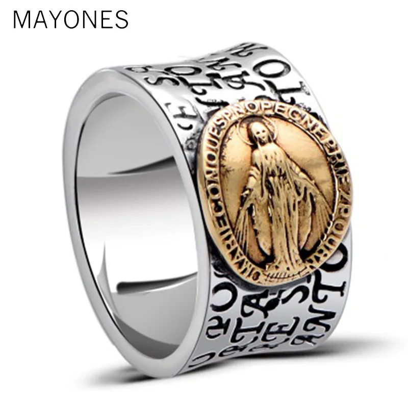 100% Real 925 Sterling Silver Virgin Mary Rings For Men Engraved Scriptures Pure Gold Color Fine Jewelry Best Gift For Mens