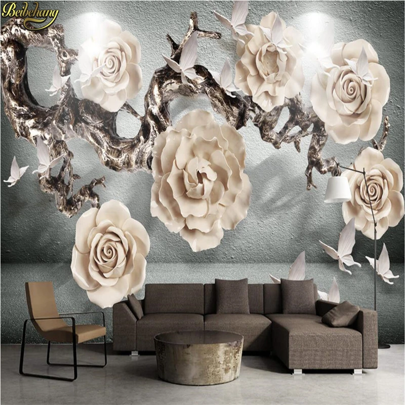 beibehang Custom Wallpaper Large Wallpaper Wall Sticker 3D Stereo Relief Ancient Tree Flower Nordic Style Living Room Background