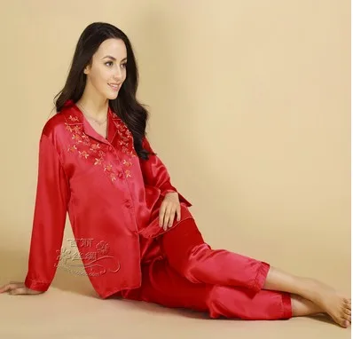 100 mulberry silk long-sleeved long sleeves and long trousers embroidered silk gown suit home (wine red M- XXL)