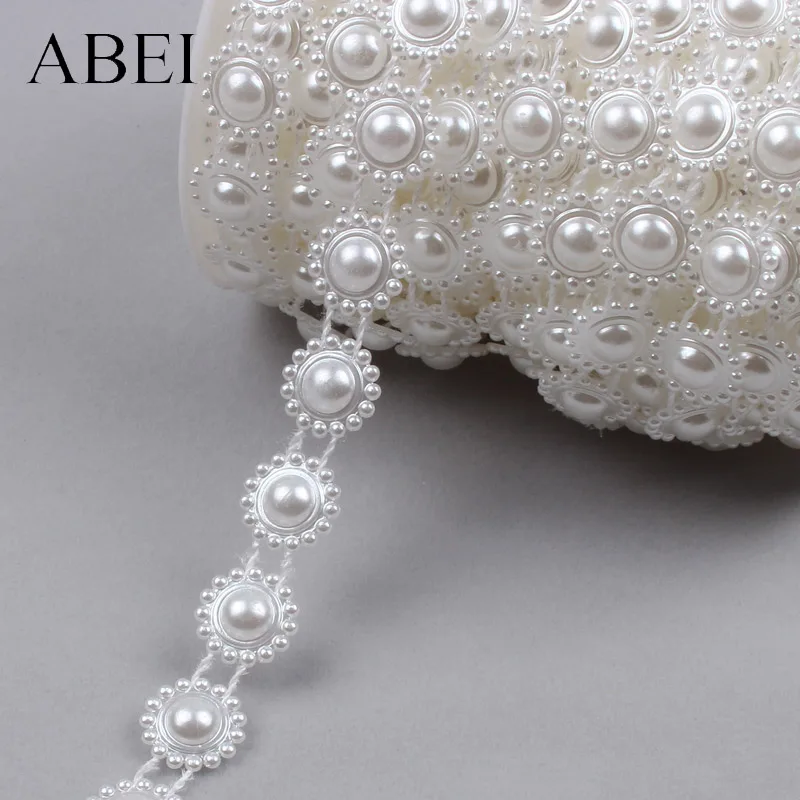 2yards 15mm Round Flower Beaded Ribbon Cotton Thread Pearl Bead Lace White Lace Trims For Clothes Decoration Wedding Ornaments