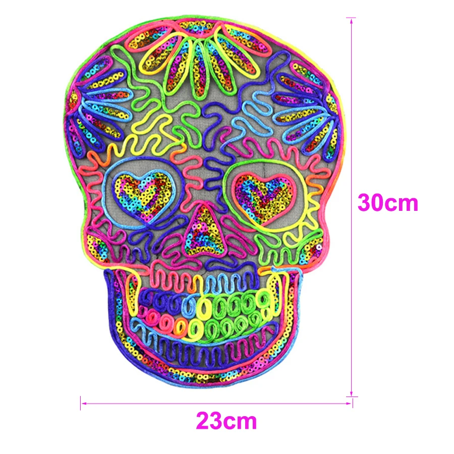 1Pcs Skull Embroidered Patches for Clothing Color Badge Applique Sequins Patch DIY Accessories Label Patchwork with Rope