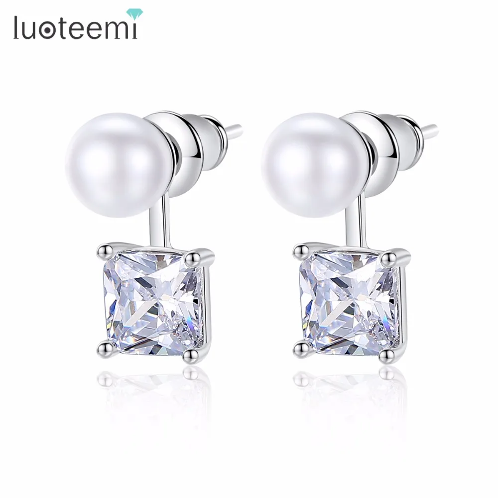 LUOTEEMI Unique Charm Two Style Square And Round Shiny Clear Copper Cubic Zirconia Drop Earring For Women Girl Party Accessories