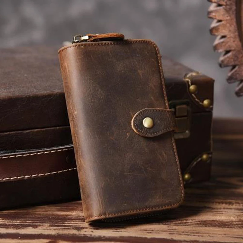 Vintage Crazy horse Genuine Leather Men Wallet Men Purse Long style Leather Wallet male Purse Clutch Bag Coin bag Money Clips