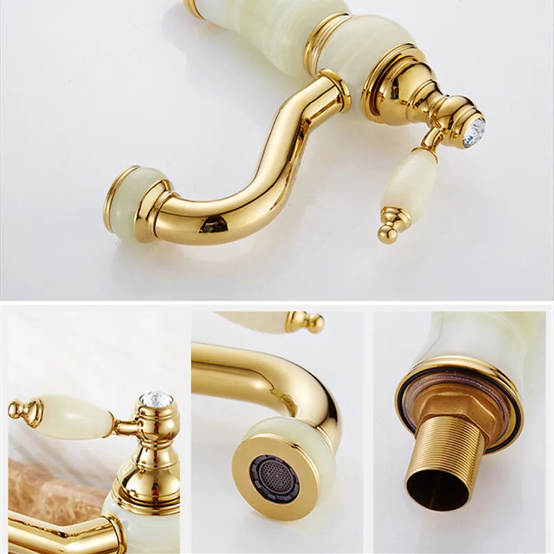 Wash-basin Faucets Brown/Gold Brass 360 Rotate Waterfall With Jade Bathroom Tap Crane Sink Cold Hot Water Mixing Taps Torneiras