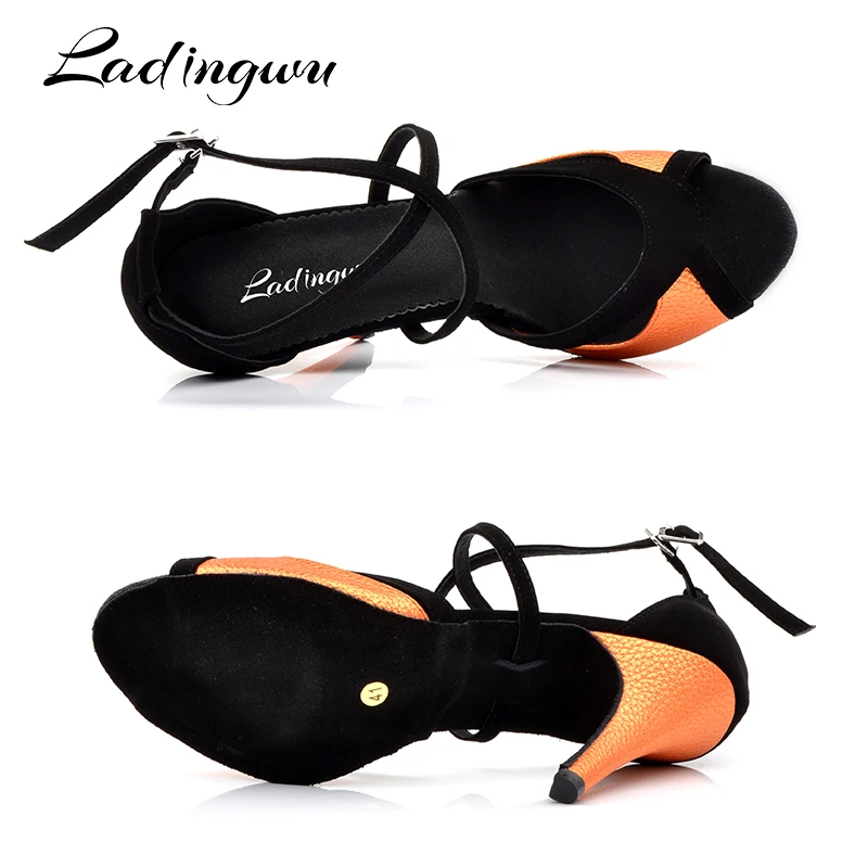 Ladingwu Salsa Dance Shoes For Women Black Flannel and Orange PU Latin Dance Shoes Women\'s Ballroom Dance Sandals Heel 10cm