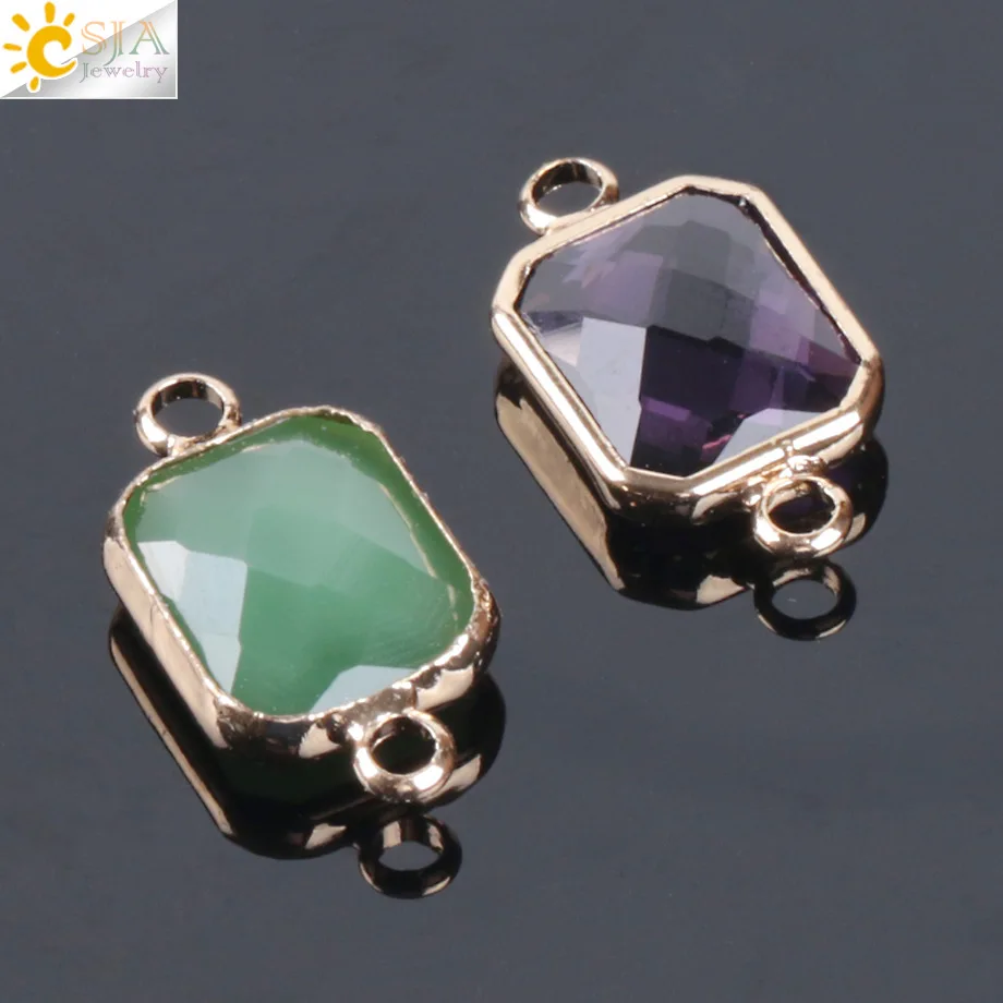 CSJA Bohemian Square Crystal Glass Beads Gold Color Double Rings Pendant for Necklace Bracelets Connector Jewellery Finding E880