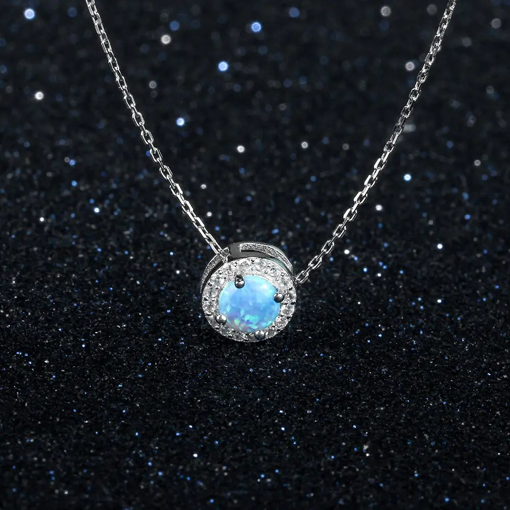 Round Pink White Blue Opal Silver Color Pendant Necklaces Cubic Zirconia Circle Necklace Birthday Gifts (Lam Hub Fong)