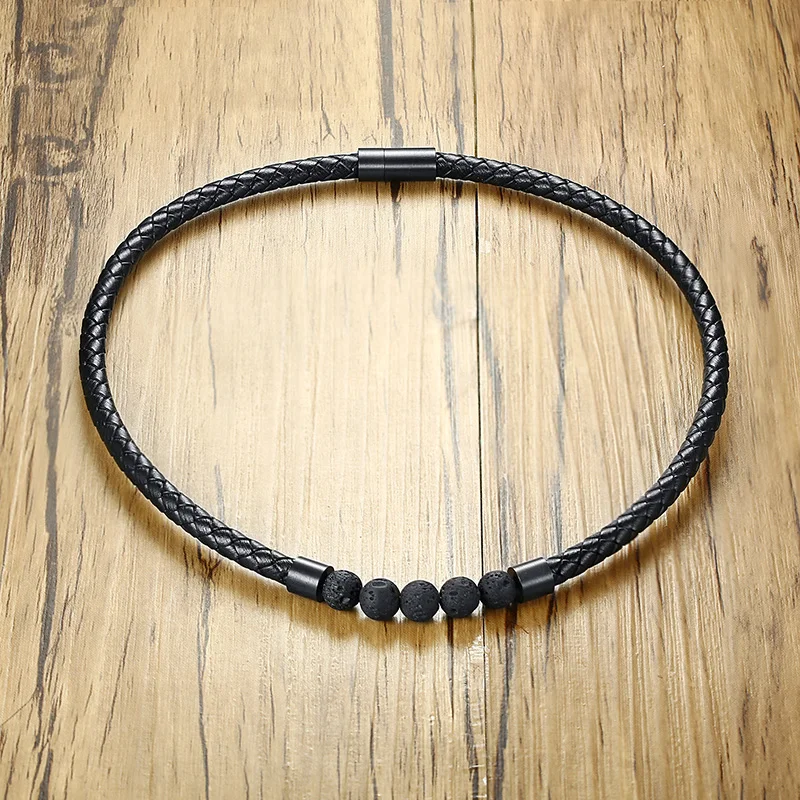 Black Genuine Leather Choker Necklace for Men Lava Stone Magnetic Closure Energy Power Male Jewelry